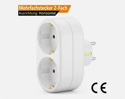 A white double electrical outlet adapter with a European plug.