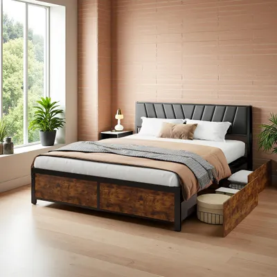 Immagine prodotto di Struttura letto matrimoniale in metallo e legno nero 160x200 cm con cassetti estraibili e LED - Perfetta per la camera da letto degli adulti, USB