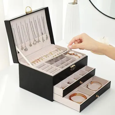 Produktbild von MEVYRA Schmuckkästchen mit 3 Ebenen, Schmuck-Organizer aus Kunstleder mit Schloss & Beigem Interieur, 23x17x13cm, Schwarz