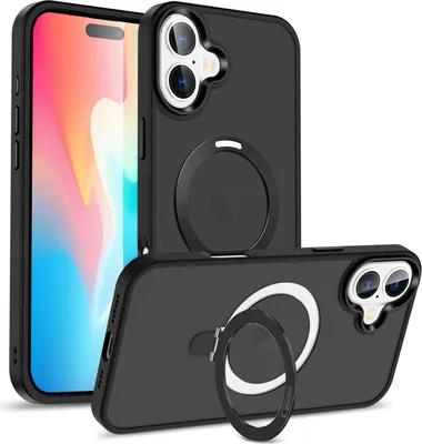 Produktbild von Conie Magsafe Schutzhülle für iPhone 16 Kunststoff Hard Case Magnet Cover Hülle mit Aufstellfunktion in Schwarz matt
