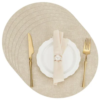 6er-Set runde Platzsets, 33 cm, PU-Leder, beige