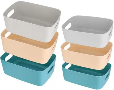 Immagine prodotto di Set di 6 contenitori Unyqoos® in plastica, aperti e senza coperchio: 3 contenitori di dimensioni 20x15x8 cm e 3 contenitori di dimensioni 25x18x10 cm, colore grigio/verde/beige, ideali per l'organizzazione domestica