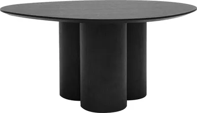 A black round coffee table with three cylindrical legs.