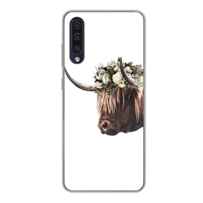 Produktbild von MuchoWow® Handyhülle Schutzhülle Hülle für Samsung Galaxy A50 Schottischer Highlander - Kuh - Rosen Silikon Softcase Handy Hülle - Mobiltelefonhülle
