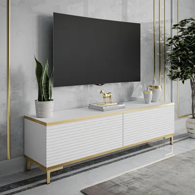 Produktbild von RTV Schrank OXFORD II 135 cm, Weiß / weiß matt + gold, Beine: Gold