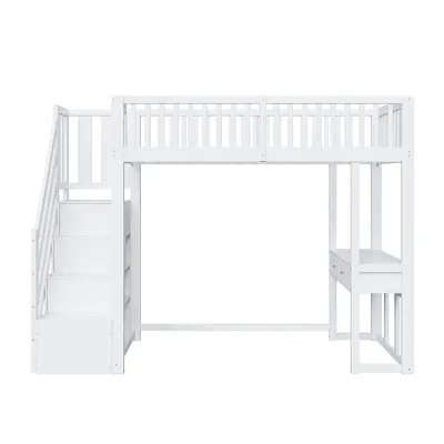 Produktbild von okwish Hochbett Etagenbett 90x200cm mit Rausfallschutz, Stockbettmit Massivholzbett mit Stauraumleiter und Multifunktionstisch, Kinderbett Bettgestell mit Lattenrost, Weiß