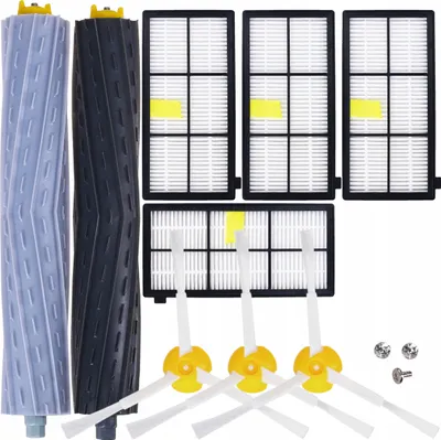 A set of replacement parts for an iRobot Roomba vacuum cleaner, including brushes and filters.
