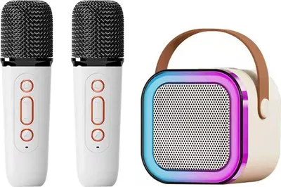 Obrázek produktu pro Mini Karaoke Machine Karaoke reproduktor s bezdrátovým mikrofonem Světelné efekty Přenosný karaoke systém s baterií pro domácí párty Bílý s 2 mikrofony