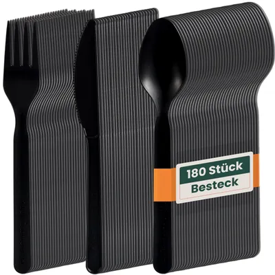 Image de Ensemble de couverts HAAGO, 180 pièces, compostable (60 couteaux, 60 fourchettes, 60 cuillères, couleur noire) - Écologique, idéal pour les services de traiteur et les mariages