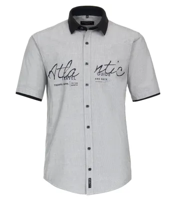 Produktbild von Casa Moda Herren Freizeithemd Kurzarm Blau gestreift mit Schriftzug Casual Fit Kent Kragen