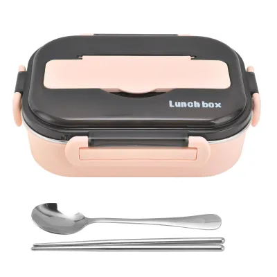 Image de boîte à bento de 1 l, compartiment en acier inoxydable 304, anti-fuite, boîte à lunch thermique portable avec baguettes et cuillère pour pique-nique, rose