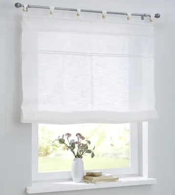 Produktbild von Woody weißes Raffrollo Raffgardine mit Schlaufen und Holzkugeln,Reine Baumwolle, Landhaus-Gardine Küche,Leinen-Optik, Breite 120 cm x Höhe 140 cm
