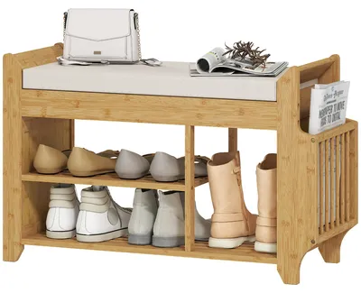 Obrázek produktu pro Botník – police na boty s polstrovaným sedákem – 1 zásuvka – úložný prostor na boty – rám z bambusu – 80 x 30 x 50 cm – béžová barva