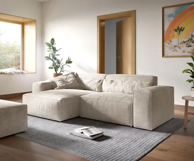 Produktbild von DELIFE Ecksofa Sirpio XL 270x170 cm Cord Beige Recamiere variabel mit Hocker
