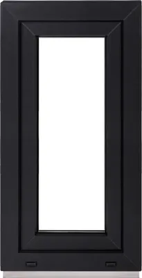A black framed window with a white interior.