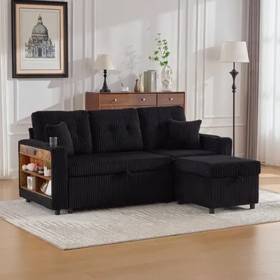 Obrázek produktu pro okwish Modulární pohovka Chaiselongue z manšestru, Rozkládací pohovka s vysouvací funkcí a LED osvětlením, skládací pohovka s polštáři na sezení a opěradlo, černá