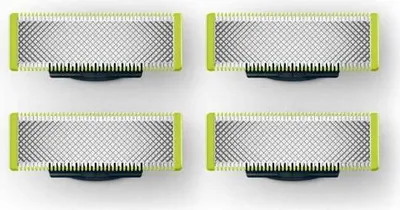 Four replacement blades for a Philips OneBlade trimmer are displayed against a white background.