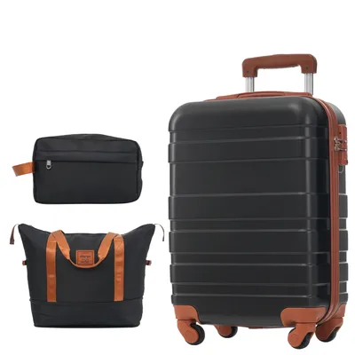 Produktbild von Flieks Trolley mit 2 Tasche, Kofferset Trolleyset Hartschalenkoffer mit Kosmetiktaschen, Gepäckset Reisekoffer mit TSA-Schloss, Schwarz
