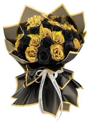 Image de Bouquet de 36 roses pailletées, bouquet de roses artificielles, bouquet de fleurs artificielles à réaliser soi-même avec des paillettes et une couronne, pour la Saint-Valentin, un anniversaire de mariage, des fiançailles ou un anniversaire (noir et or)
