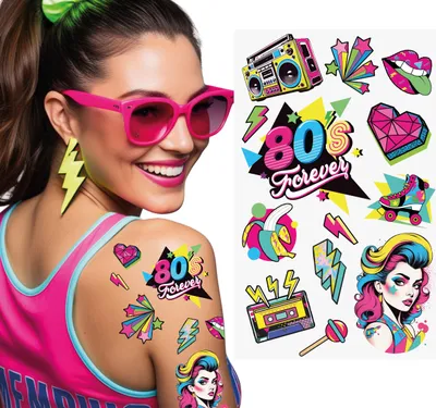 Produktbild von Eighties Retro Look Karneval Deko Haut Abziehbilder Temporäre Körperkunst Vintage Stil, Farbe: Mehrfarbig