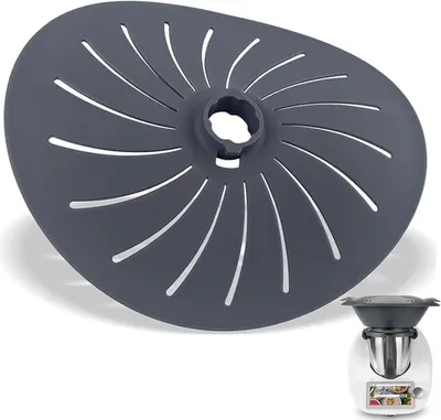 A gray silicone blade cover for a kitchen appliance is shown against a white background. A smaller inset image shows the cover on the appliance.