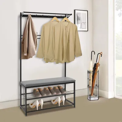 Image de Armoire ouverte avec étagère à chaussures - Portant indépendant - Structure métallique - Largeur : 100 cm - Idéal pour l'entrée et le couloir - Noir/Gris