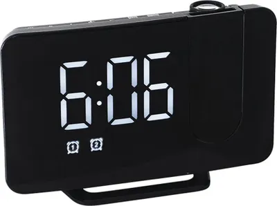 A black digital alarm clock with a projection feature.