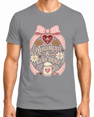 Imagen del producto de Camiseta de para hombre, estilo "lederhosen", marca "Aufgebrezelt & Guad Drauf", color gris, talla L