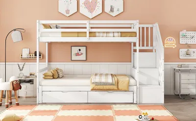 Zdjęcie produktu dla Zajmujące niewiele miejsca łóżko piętrowe z wysuwanymi łóżkami, 90x200 cm, drewno sosnowe, biały