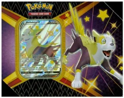 A Pokemon trading card tin box featuring a card and a character illustration.