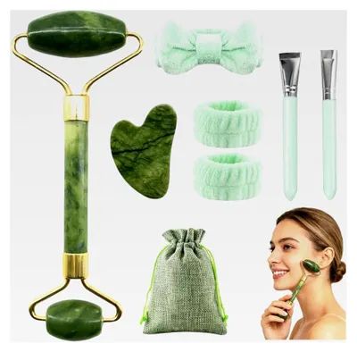 Produktbild von 8-teiliges Gua Sha Stein und Gesichts-Jade-Roller Set, natürlicher Jade-Massageroller, Massagewerkzeug für die Augen- und Hautpflege (Grün)