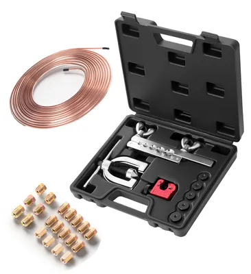 Produktbild von SucceBuy 9-teiliges Bremsleitungs-Bördelwerkzeug-Set, 45° Bördelgerät mit 7,6 m x 4,76 mm Bremsleitung für Einfach- und Doppelbördelung, Rohrbearbeitungsset mit 16 Anschlüssen und 4 Verbindern, Reparaturset für Autos und LKWs