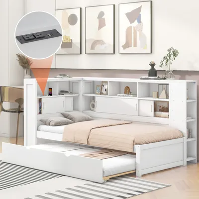 Obrázek produktu pro Postel z masivu Fortuna Lai jednolůžko 90x200cm/90x190cm, rám postele do ložnice, jednolůžko s výsuvným lůžkem, úložným prostorem a USB, 226 x 130 x 110 cm, dřevo a bílá barva