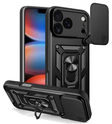 Produktbild von MobyDefend Hülle für iPhone 18 Pro Max - Panzerhülle mit drehbarem Ring und Standfunktion - Schwarz