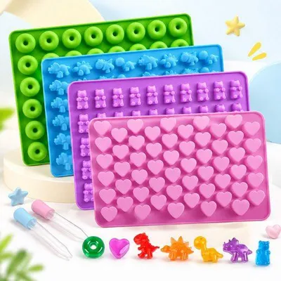 Produktbild von Silicone Gummibärchen Formen Set - 4 Förmchen + 2 Pipetten für Kinder, Bastelspaß mit Lebensmittelsilikon