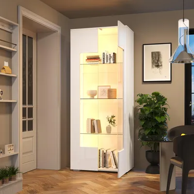 Image de MODFU Vitrine - Buffet Haut Moderne avec LED Intégrée et Portes en Verre Acrylique, Meuble de Rangement avec Étagères Réglables, 70x40x173 cm, Blanc