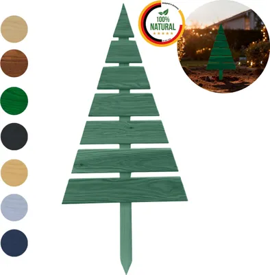 A green wooden Christmas tree decoration with a pointed top and horizontal planks, displayed against a white background. Several color swatches are shown on the left side of the image. A circular inset image in the top right shows a similar tree planted in