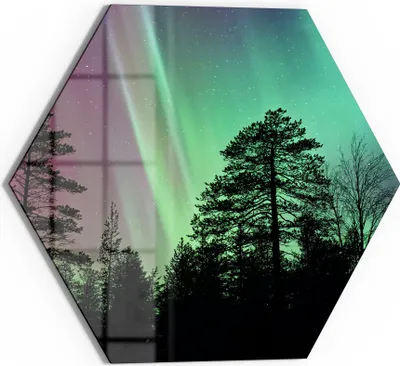 Produktbild von DEQORI Glasbild Echtglas 55x48 cm 'Polarlichter im Wald' Wandbild Bild modern Deko