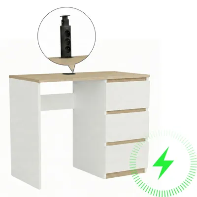 Zdjęcie produktu dla Biurko komputerowe ComfortCove z białego dębu, 90 cm, z 3 szufladami i gniazdkiem 3x230 V w blacie