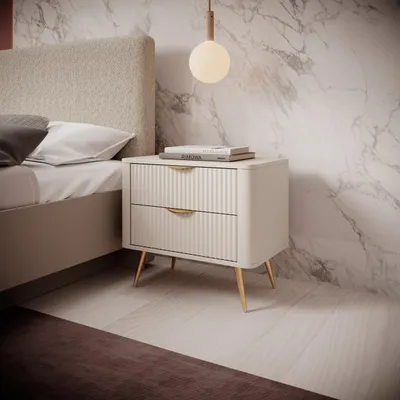 Produktbild von LATTE Nachttisch mit 2 Schubladen, beiger Nachtschrank für Schlafzimmer und Zimmer, moderner Nachttisch mit geriffelten Fronten, Farbe: Beige