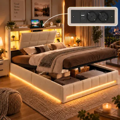 Produktbild von INONEFT Polsterbett Doppelbett 140×200 mit Led Kopfteil und Ladestation,Boxspringbett mit Hydraulischem Stauraum,Jugendbett,Stauraumbett Funktionsbett