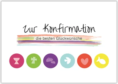 Produktbild von Moderne Grusskarte mit christlichen Symbolen in Regenbogen Farben "Zur Konfirmation die besten Glückwünsche"