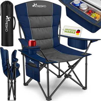 Produktbild von TRESKO® Campingstuhl Faltbar bis 200kg | Faltstuhl mit Kühltasche, Getränkehalter & Seitentasche | Klappstuhl XXL inkl. Tragetasche | Angelstuhl gepolstert für Outdoor, Angeln, Festival & Garten