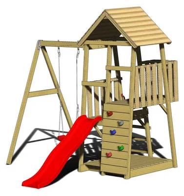 Produktbild von Wendi Toys Holz Spielturm Panda inkl. Rutsche, Kletterwand und Schaukel Natur 290x270x270 cm