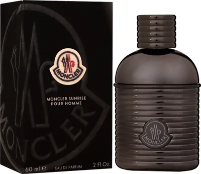 A bottle of Moncler Sunrise Pour Homme perfume and its packaging.