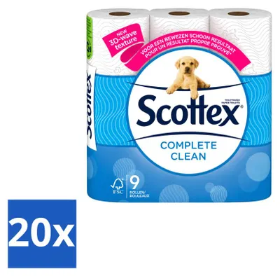 Imagen del producto de 20 rollos de papel higiénico Scottex Complete Clean, de doble capa, en paquete económico
