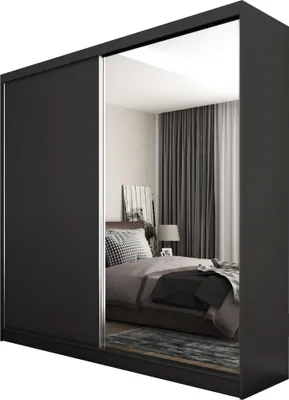 A black wardrobe with mirrored doors reflecting a bedroom interior.