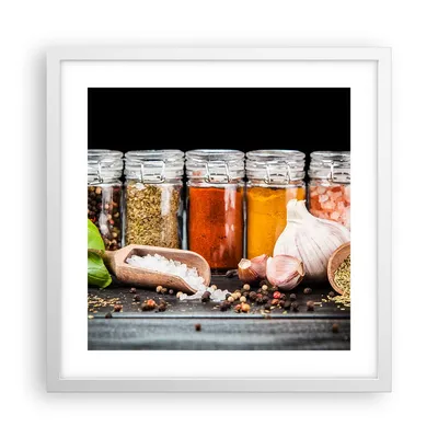 Produktbild von Gerahmtes Poster - Weißer Rahmen - Gewürze Knoblauch Holz Salz - 40x40 cm - Wand Bild - Wanddeko - Wandbilder - Wandposter - Bilderrahmen - Bilder - Kunstdruck - Wandbild - P2WAC40x40-2896