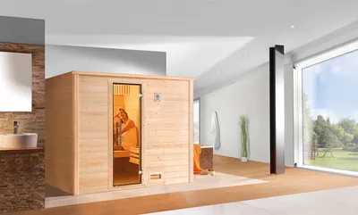 Produktbild von weka Premium Massivholz-Sauna BERGEN  Gr. 3 Sparset 7,5 kW BioS inkl. digitaler Steuerung, Glastür x B x T x H  x 246 x 195 x 205