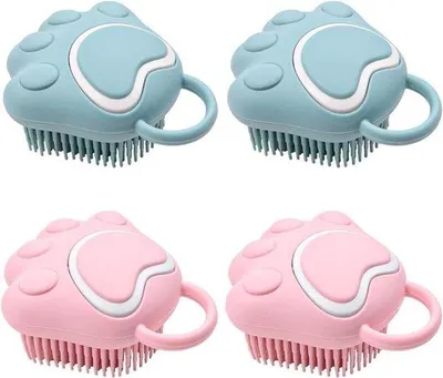 Immagine prodotto di Spazzola massaggiante delicata per cani e gatti, in silicone, blu e rosa, con dosatore per shampoo